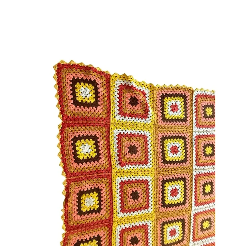 VTG Crochet Granny‎ Square Afghan Blanket Throw Brown tan coral yellow 110x74